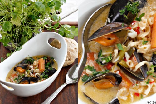 2 bilder av asiatisk blåskjellsuppe
