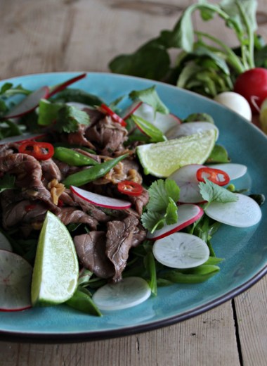 tallerken med fargerik salat med roastbiff og reddiker