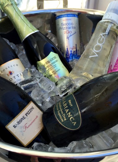 Vinkjøler med is og mange forskjellige flasker og bokser med vin