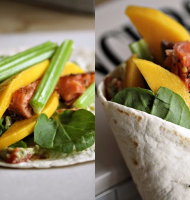 to bilder av wraps med laks og mango